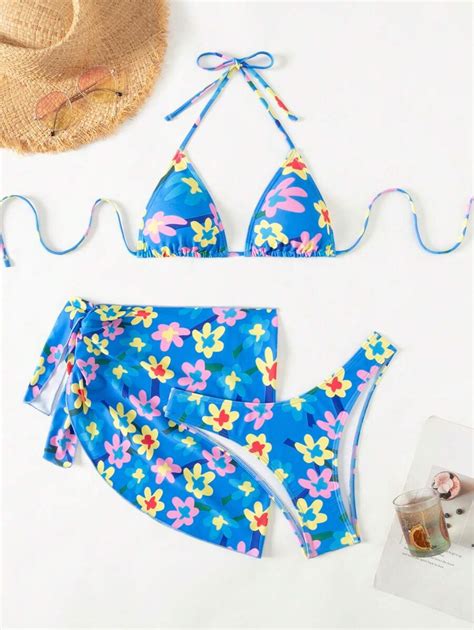 SHEIN Swim Women Floral Print Halter Neck Tie Sexy Bikini Set With Cover Up Skirt Summer Beach