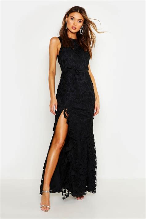 Boohoo Lace Ruffle Split Maxi Dress In Black Lyst