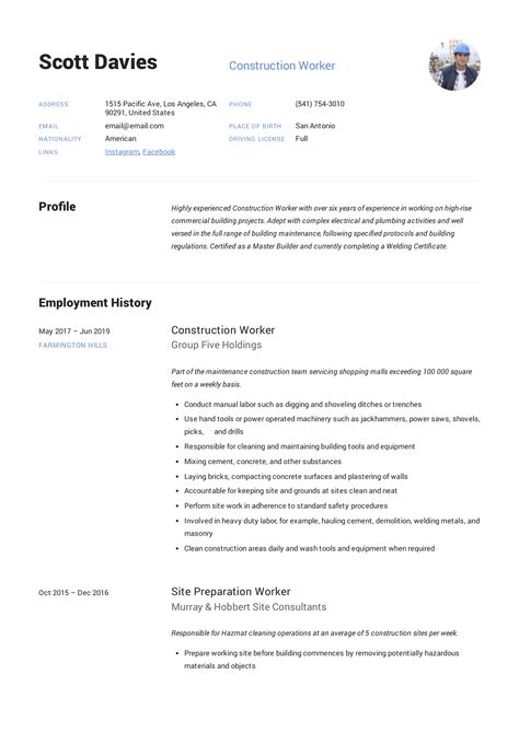 Construction Worker Resume And Writing Guide 12 Templates 2019