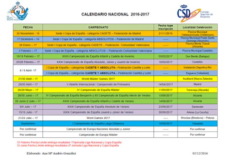 Calendario Nacional 2016 2017 Actualizado Salvamento Y Socorrismo