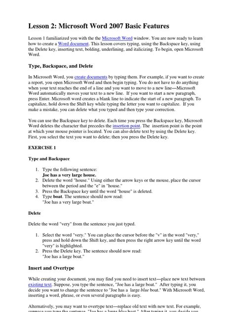 Lesson 2 Microsoft Word 2007 Basic Features Type Backspace And
