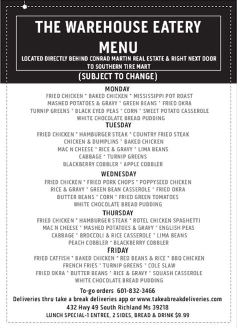 Menu at the warehouse eatery restaurant, Richland