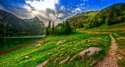 Wallpaper Sunlight Landscape Forest Mountains Hill Lake Nature