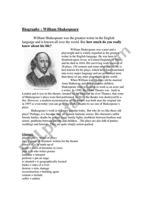 Shakespeares Biography Worksheet Esl Worksheet By Michele