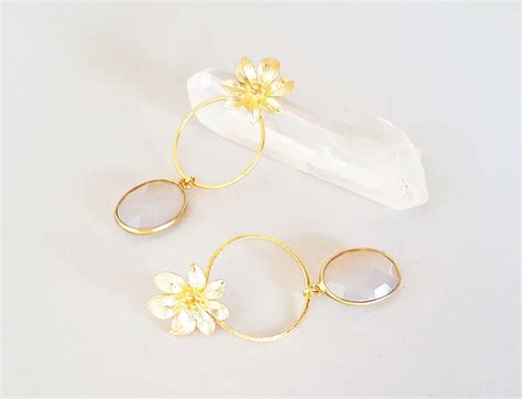 Blüten Ohrstecker gold mit Chalcedon Lange Unikat Edelstein Etsy de