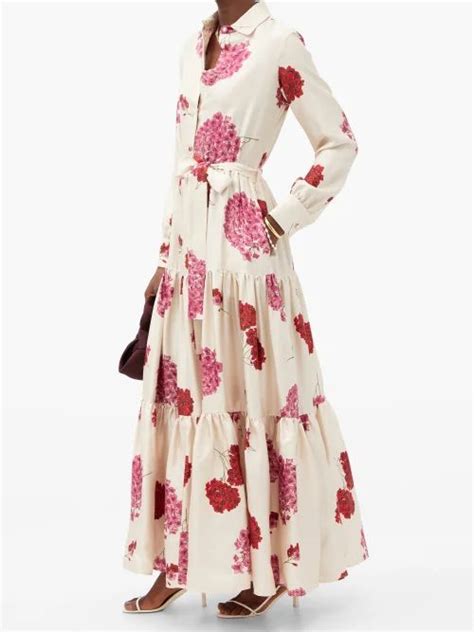 La DoubleJ Bellini Belted Floral Print Silk Maxi Shirt Dress White