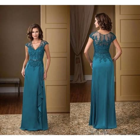 Elegant V Neck Cap Sleeve Mother Of The Bride Dresses Chiffon Long Lace