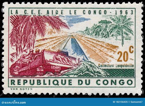 Stamp Printed In Congo Shows Construction Of Road Editorial Image