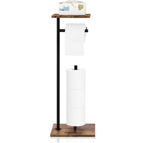 Oumilen Freestanding Black Toilet Paper Holder Stand With Wood Base And