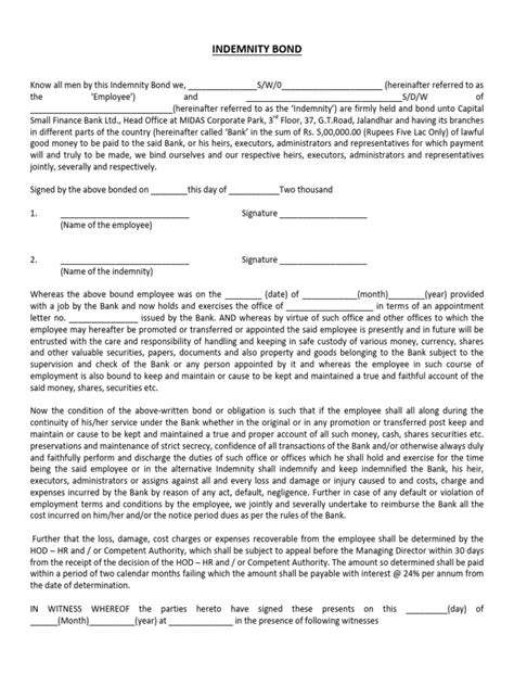 Indemnity Bond Download Free Pdf Banks Employment