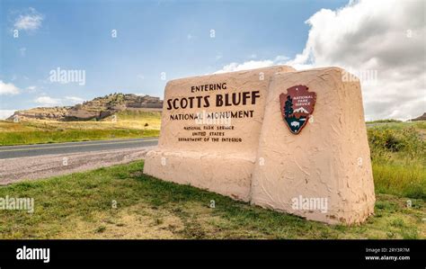 Entrance Welcome Sign To Scotts Bluff National Monument In Scottsbluff