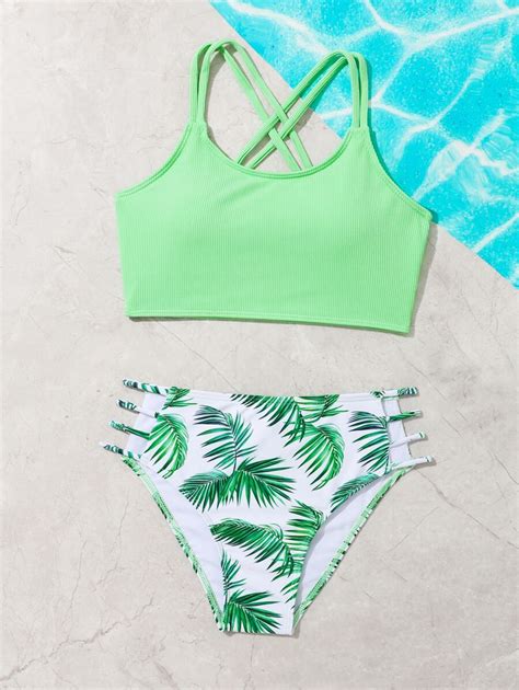 Tween Girl Tropical Print Criss Cross Cut Out Waist Bikini Set Summer