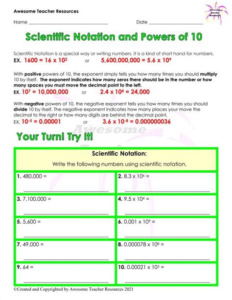 Scientific Notation And Powers Of 10 Worksheet Scientific Notation Powers Of 10 Notations