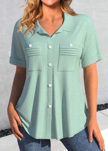 Rotita Button Sage Green Shirt Collar Short Sleeve Blouse Trendy Tops