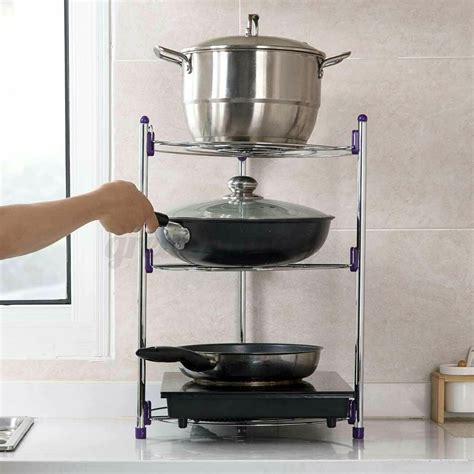 New Saucepan Frying Pan Pot Storage Rack Shelf Stand Kitchen Organizer