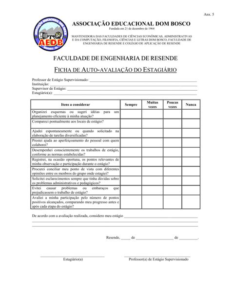 Ficha De Auto Avalia O Do Estagi Rio