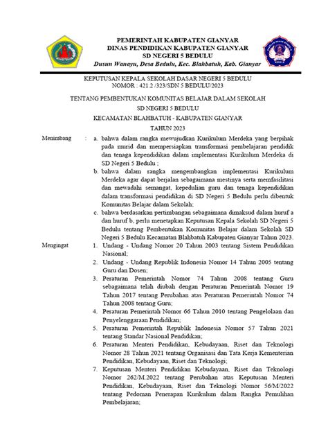 Sk Komunitas Belajar Dalam Sekolah Sdn 5 Bedulu Pdf