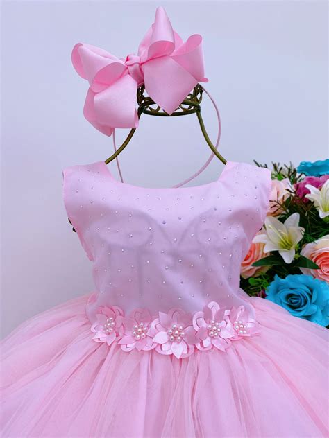 Vestido Infantil Rosa Aplique Flores E Strass Batizado Festa Rosa