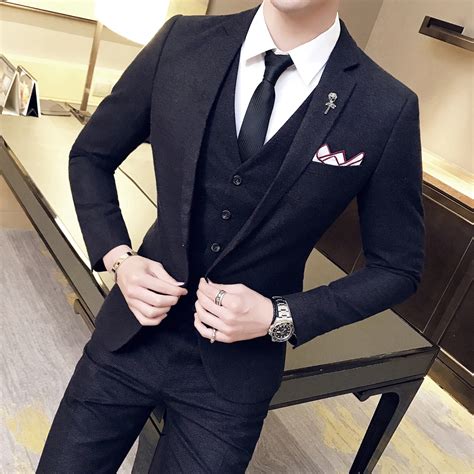 Designers Wool Suits 3 Piece Suit Men Black Slim Vingtage Suit Wedding