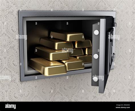 Open Wall Safe Full Of Gold Ingots Mounted In The Wall 3d Illustration