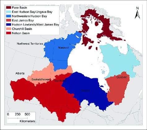 Hudson Bay drainage basin with the 7 subregions used for the spatial ...