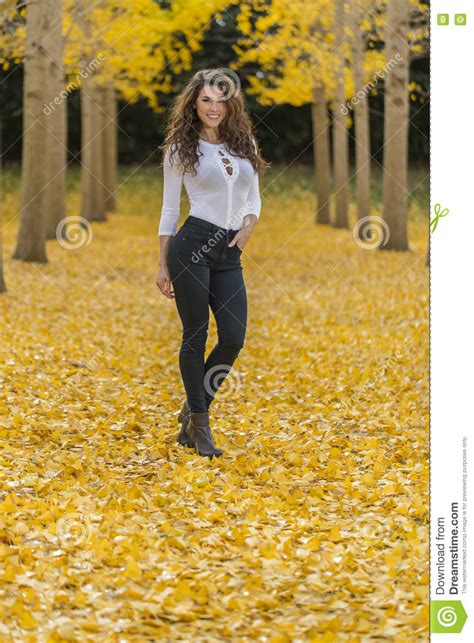 Brunette Model In Fall Foliage Stock Image Image Of Cold Forest