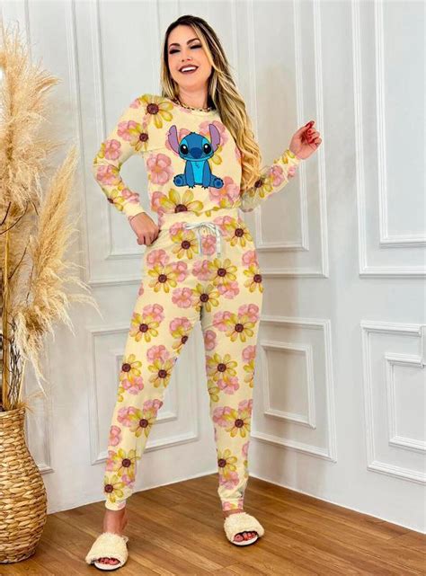 PIJAMA ADULTO INVERNO 615 STITCH FLOR AMARELA Império Lingerie