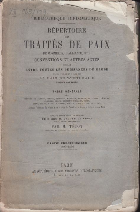 Biblioth Que Diplomatique R Pertoire Des Trait S De Paix De Commerce