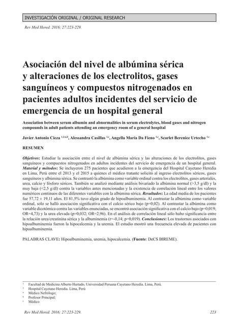 Asociación del Nivel de Albúmina Sérica y Alteraciones de los