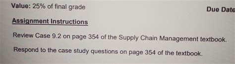 Solved Value 25 Of Final GradeDue DateAssignment Chegg