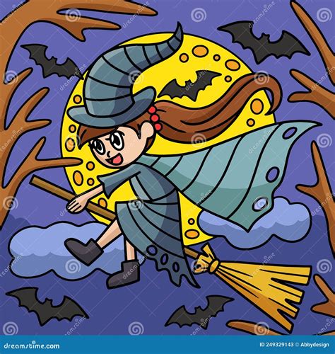 Witch Riding On A Broom Halloween Colored Cartoon Stock Vector