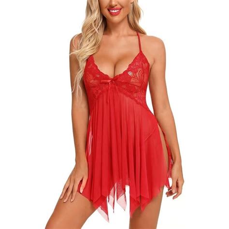 Ensemble De Lingerie Sexy En Dentelle Pour Femmes Nuisette Asym Trique Transparente Rouge