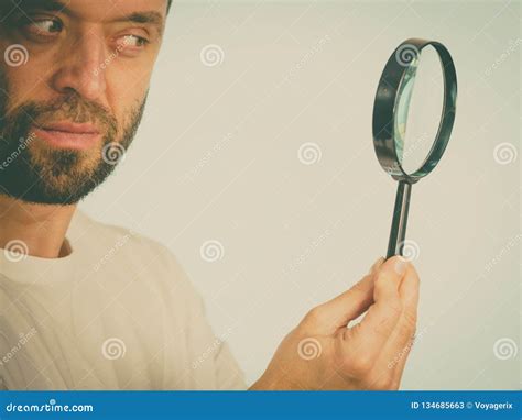 Curious Man Using Magnifying Glass Stock Image Image Of Research