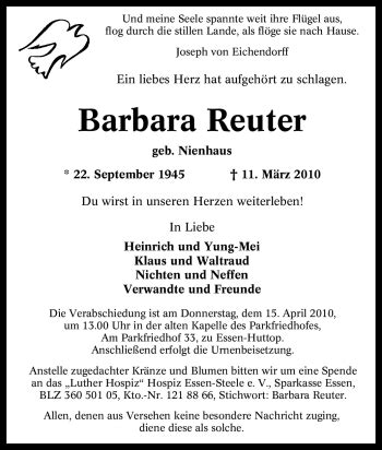 Traueranzeigen Von Barbara Reuter Trauer In Nrw De