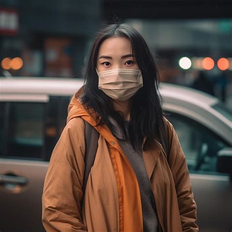 Premium Ai Image A Woman Wearing A Face Mask Stands In Front Of A Car