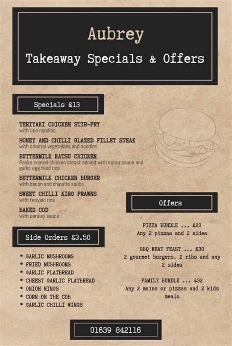 Menu At The Aubrey Arms Restaurant Ystradgynlais