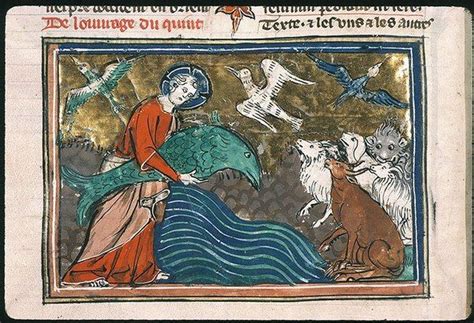 Господь и рыба Пятый день творения. Миниатюра. Франция, 1320-37 ...