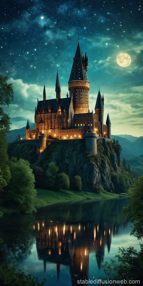 Magical Hogwarts Castle At Night Stable Diffusion Online