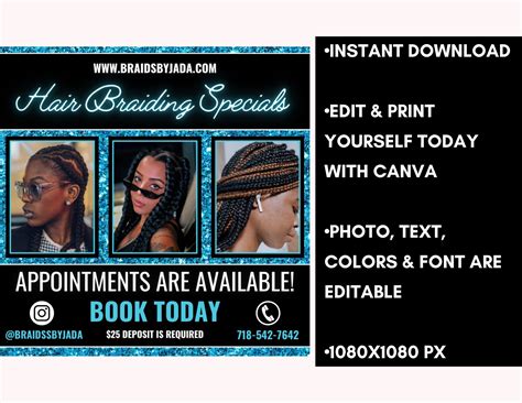 Blue Sparkle Hair Braider Flyer Template Editable Braiding Specials
