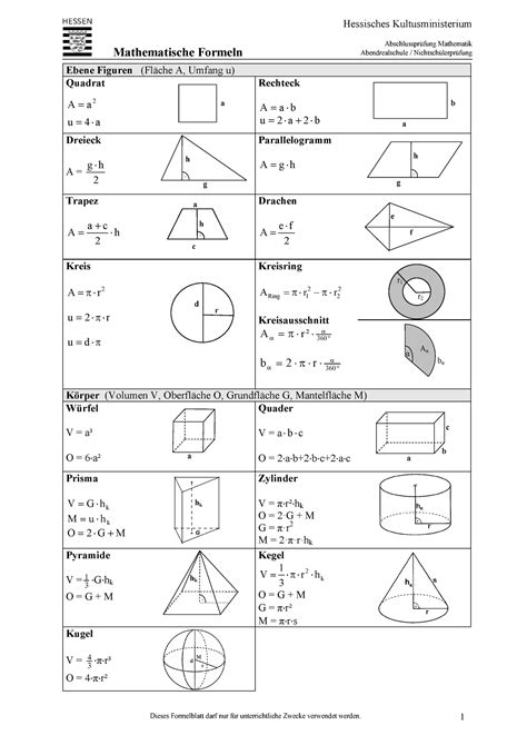 Formeln Formel Bersicht Sek Zweidimensional Und Dreidimensional