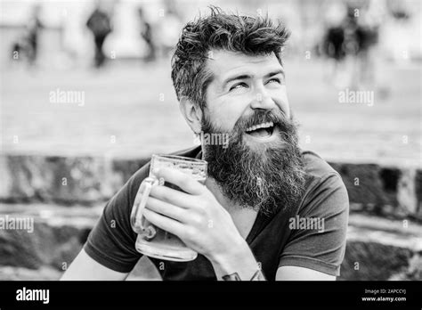 Bearded Man With Beer Glass Outdoor Mature Hipster With Beard Hair Drinking Beer Weekend Relax