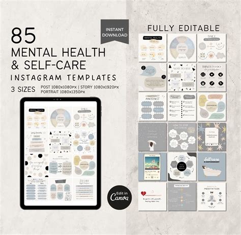 Editable Mental Health Instagram Templates Canva Self Care Social