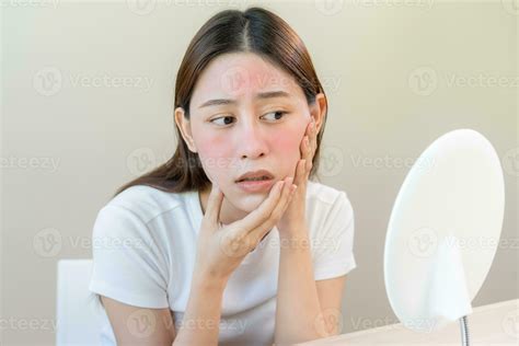 Dermatology Puberty Asian Young Woman Girl Looking Into Mirror