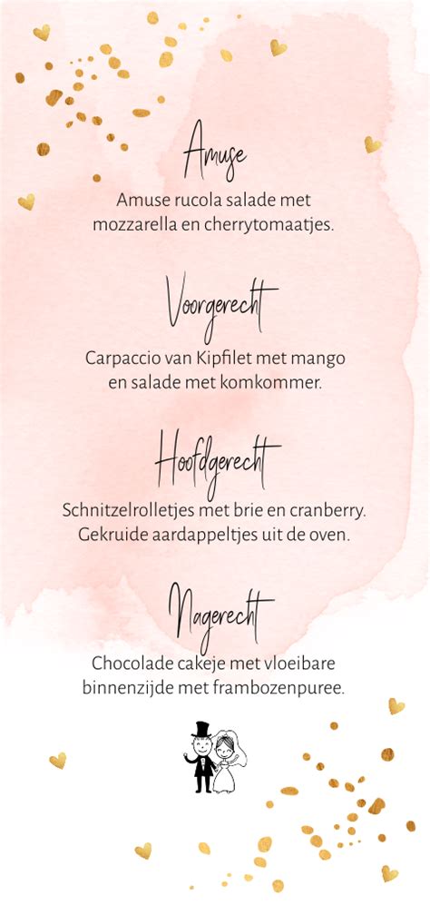 Menukaart Huwelijk Langwerpig Waterverf Roze Confetti Goudlook