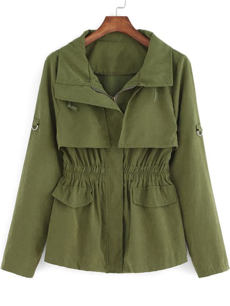 Army Green Long Sleeve Casual Trench Coat Shein Sheinside