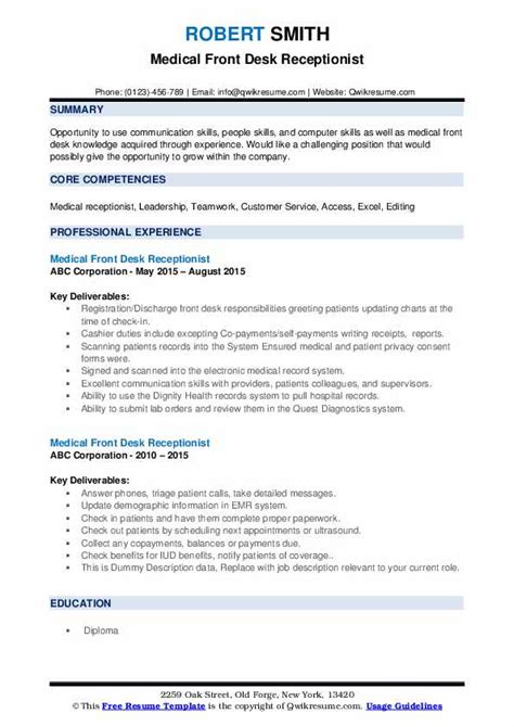 Medical Front Desk Receptionist Resume Samples Qwikresume