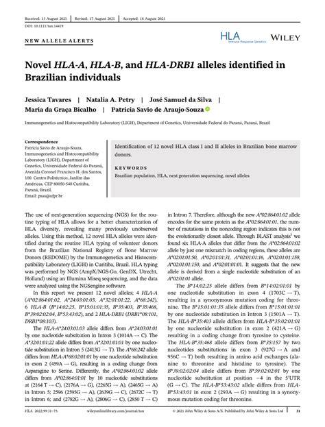 Novel Hla‐a Hla‐b And Hla‐drb1 Alleles Identified In Brazilian Individuals Request Pdf