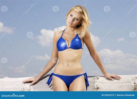 Beautiful Blonde Woman In Blue Bikini Stock Photo Image Of Cheerful