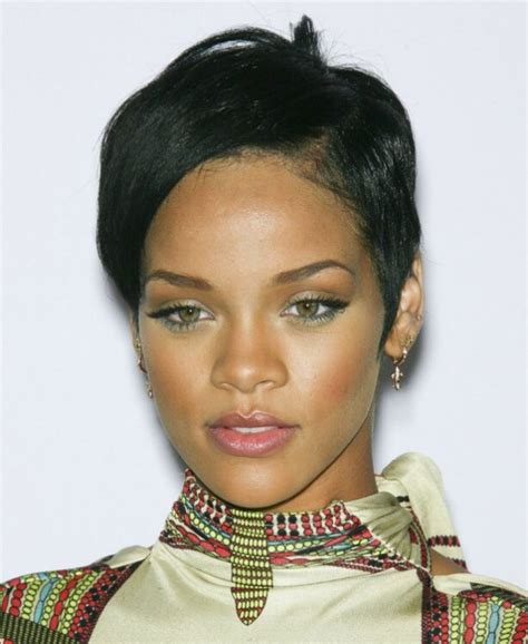 Rihanna's hair in a short cropped style and contoured around the ears