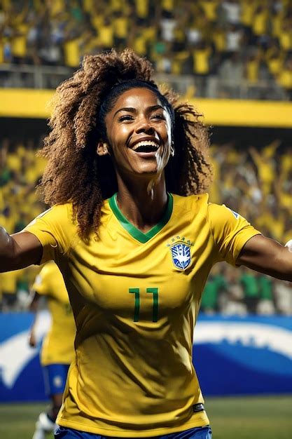 Premium AI Image | Female soccer player brazil celebrating goal in crowded stadium by winning ...